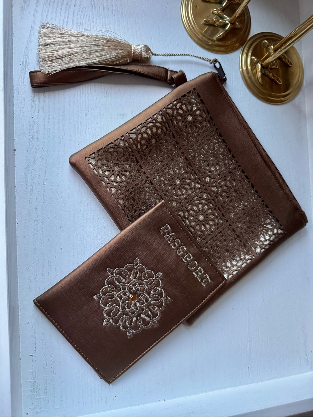 Artisanal Boho Chic Gift Set Bronze Embroidered Passport Wallet and Pouch Set